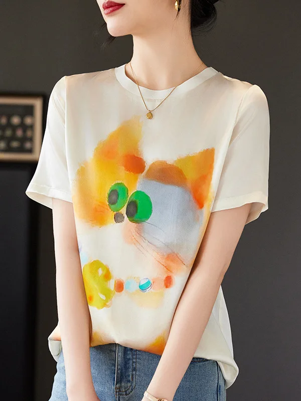 Birdtree, 90%Natural Silk Elegant T-Shirt, Women Short Sleeve O Neck Cat, Office Lady Sweet Tops, 2024 Summer Autumn T46015QC