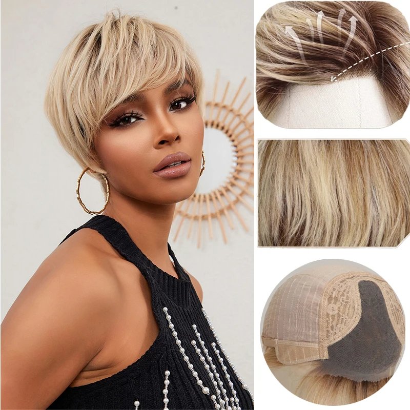 

Remy Human Hairs Wig Brown Blonde 13x4 HD Bob Lace Front Wig For Black Woman 100% Human Hair Lace Frontal Short Layered Wig Afro