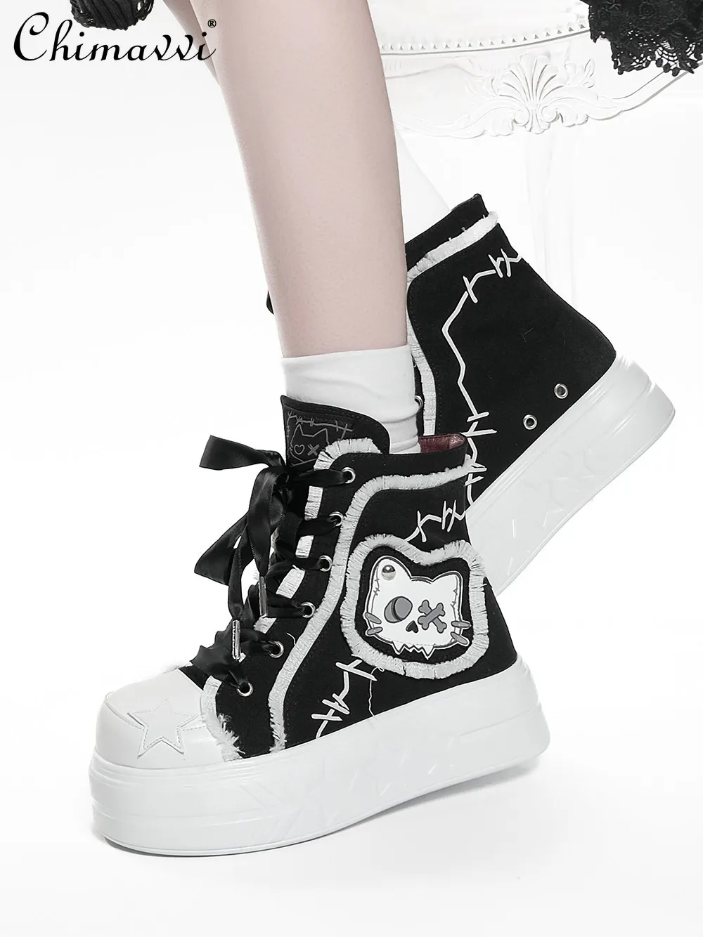 

Оригинальные высокие кеды из канваса в японском стиле, новые модные кроссовки на толстой подошве, в стиле субкультурного граффити, с широким носком, для женщин