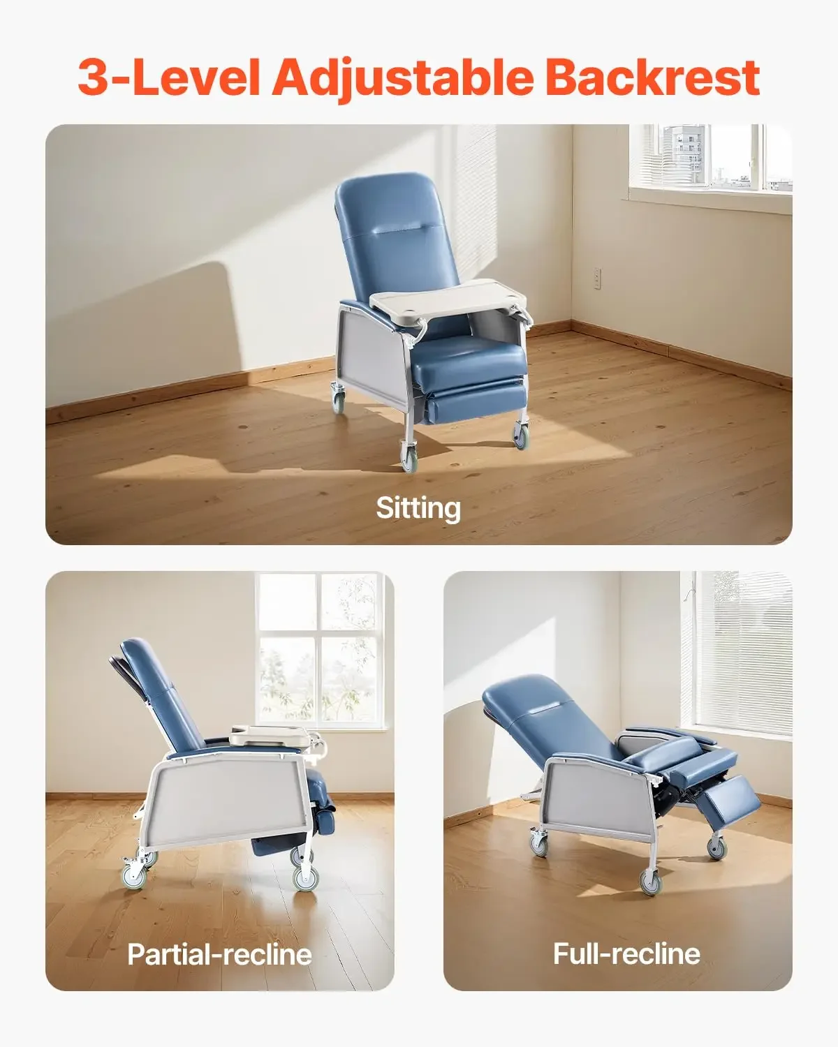 Geri Chair Recliner 3 Position Reclining Geri Chair Movable Medical Recliner Chairs with 4 Wheels Soft Padded Seat Detachable
