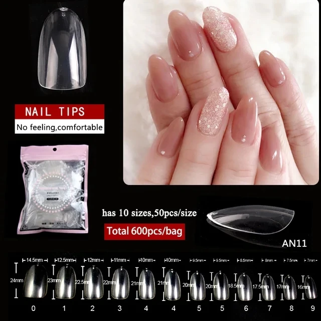 TSZS Fashion Natural Clear Short False Nails Acrylic Full Cover Home DIY Artificial Oval Nail Tips 