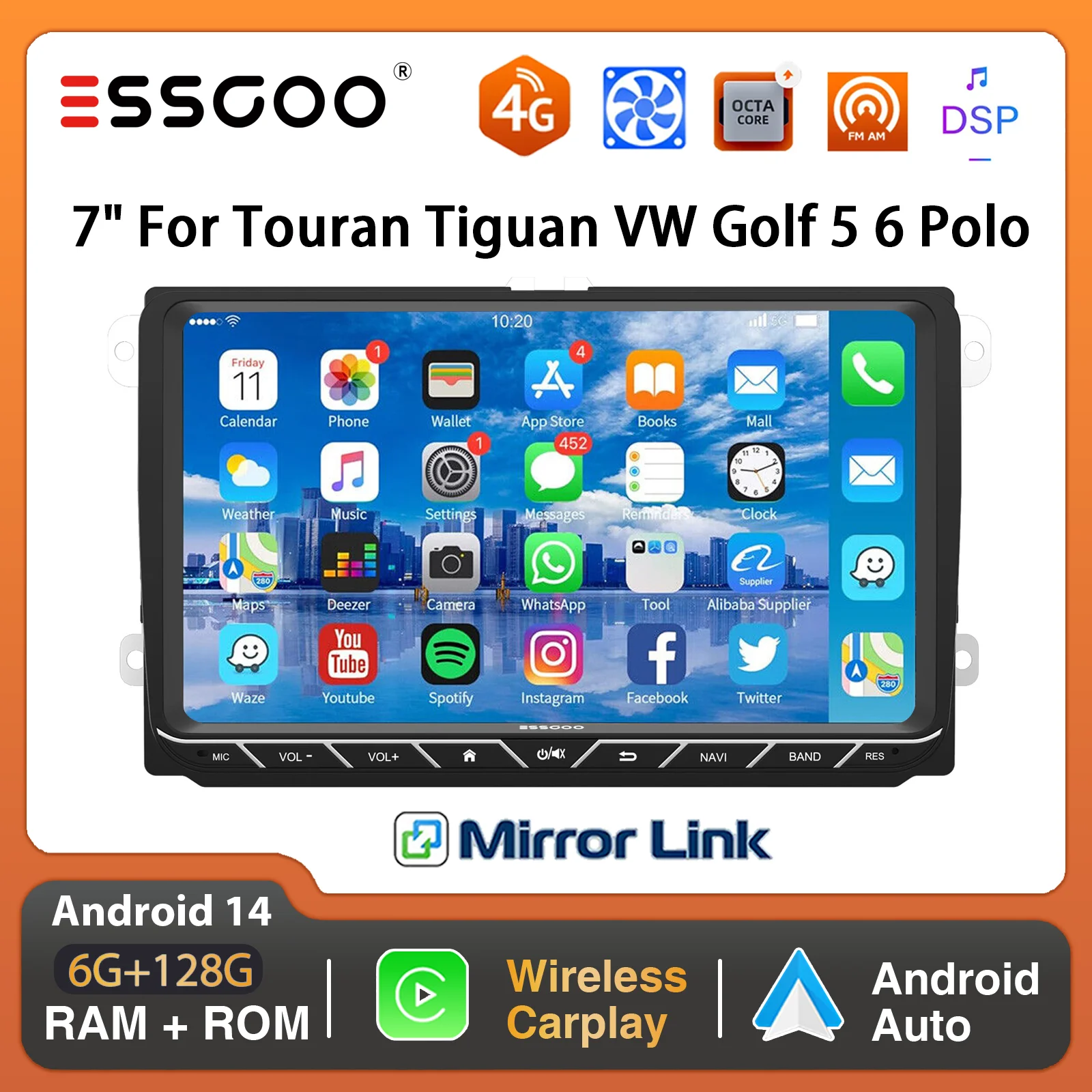 ESSGOO Android 14 9 "Carplay Android Auto 128G GPS DSP 4G Für VW GOLF 5 PASSAT B6 B7 Touran Tiguan