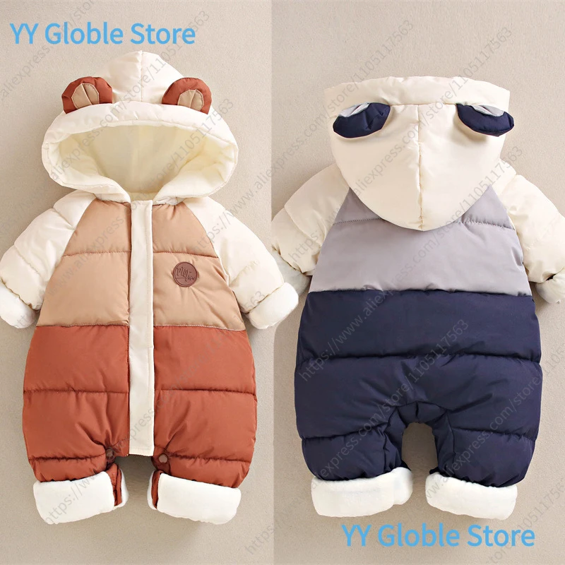 Winter Neue Baby Strampler Jungen Mädchen Patchwork Dicke Plus Samt Overalls Winddicht Mit Kapuze Overalls Schneeanzug Ein Stück Body