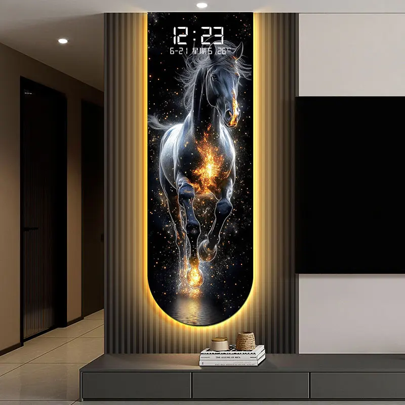 Horse-riding-to-Success LED Wall Clock Living Room Mural Lamp Art with Eternal Calendar Electronic Clock Wall Watch Home Decor