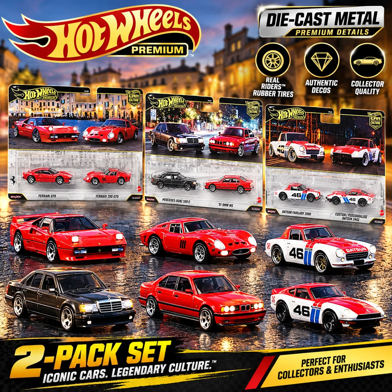 Hot Wheels Premium Car Culture 2-Packs FERRARI GTO BENZ BMW DATSUN 1:64 Diecast Alloy Metal Body Car Model Collectible Vehicle
