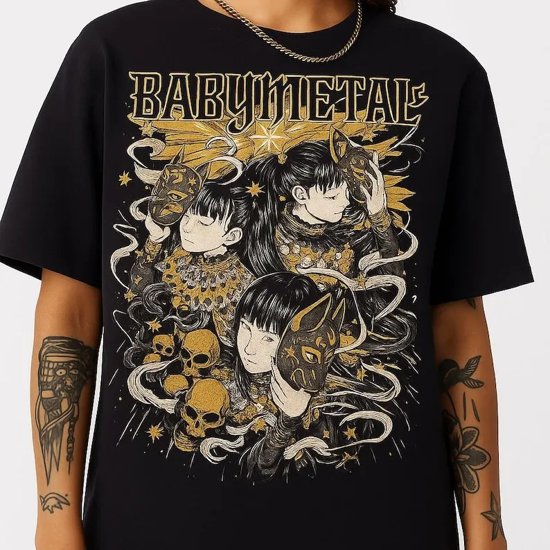 Babymetal Fantasy Graphic Shirt | J-Metal Band Tee | Dark Aesthetic Mask & Skull Design | Japanese Rock Fan Merch