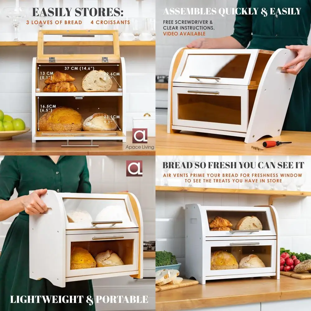 

Очень большая деревянная хлебница с 2 полками, прозрачными окнами и вентиляционными отверстиями для сохранения свежести