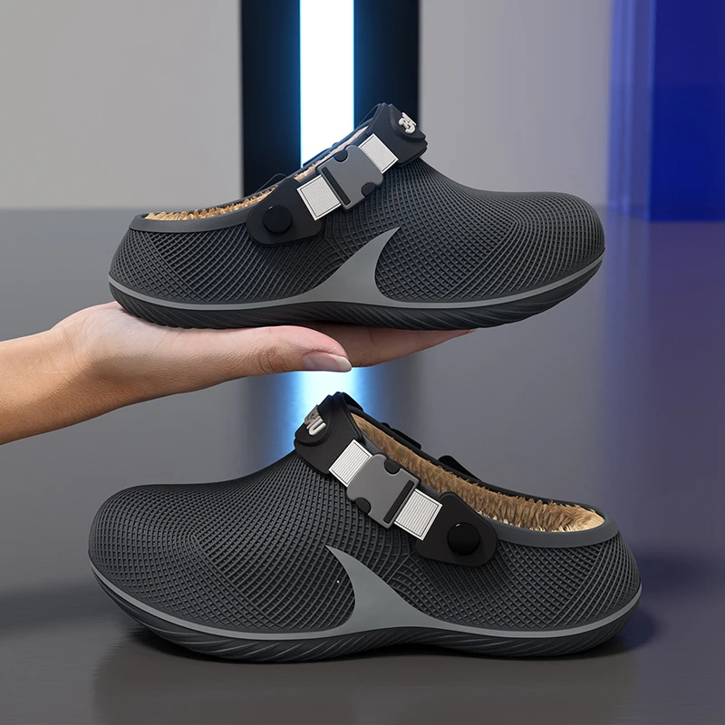 Wasserdichte Eva-Fell-Clogs-Hausschuhe für Herren 2026 Winter Chunky-Plateau Warme Plüsch-Mules-Hausschuhe mit dicker Sohle Rutschfeste Hausschuhe – Detail 9