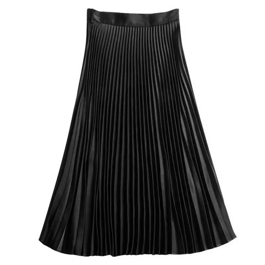 

Vintage Women Midi Skirt Wide Elastic Waistband High Waist Pleated A-Line Skirt Smooth Satin Long Skirt