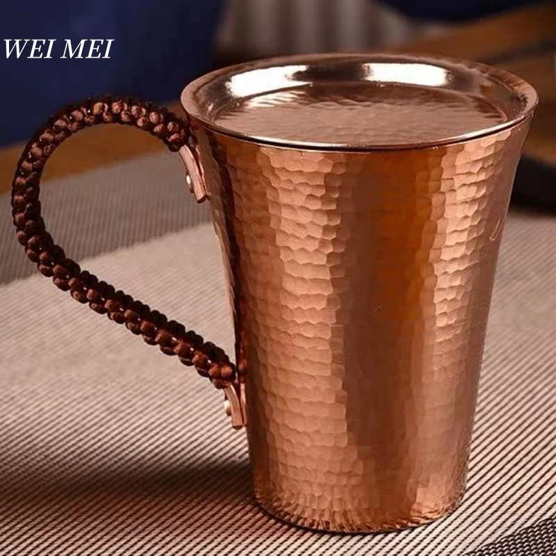 

Vintage Copper Breakfast Mug,With lid Thickened 400 ml Coffee Cup,Handcrafted Woven Handle Hammer Texture Home Tea Cup Tableware