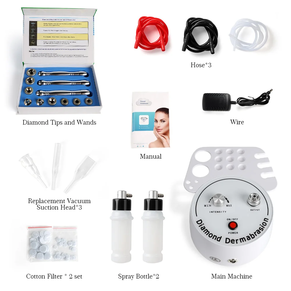 Professional 3 in 1 Diamond Dermabrasion Machine featuring Diamond Microdermabrasion, Spray Bottle Hydration, and Vacuum Glass Tube Therapy for skin resurfacing, pore cleansing, blackhead removal, and facial rejuvenation. Ideal for beauty salons, spas, and aesthetic clinics. 3 in 1 Diamond Dermabrasion Machine