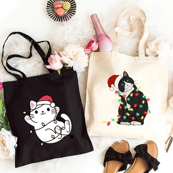 Kerstverlichting Kat Canvas Tote Bags Grappige damesschoudertas Vrolijk kerstfeest Winkelen Shopper Tas Herbruikbare handtas