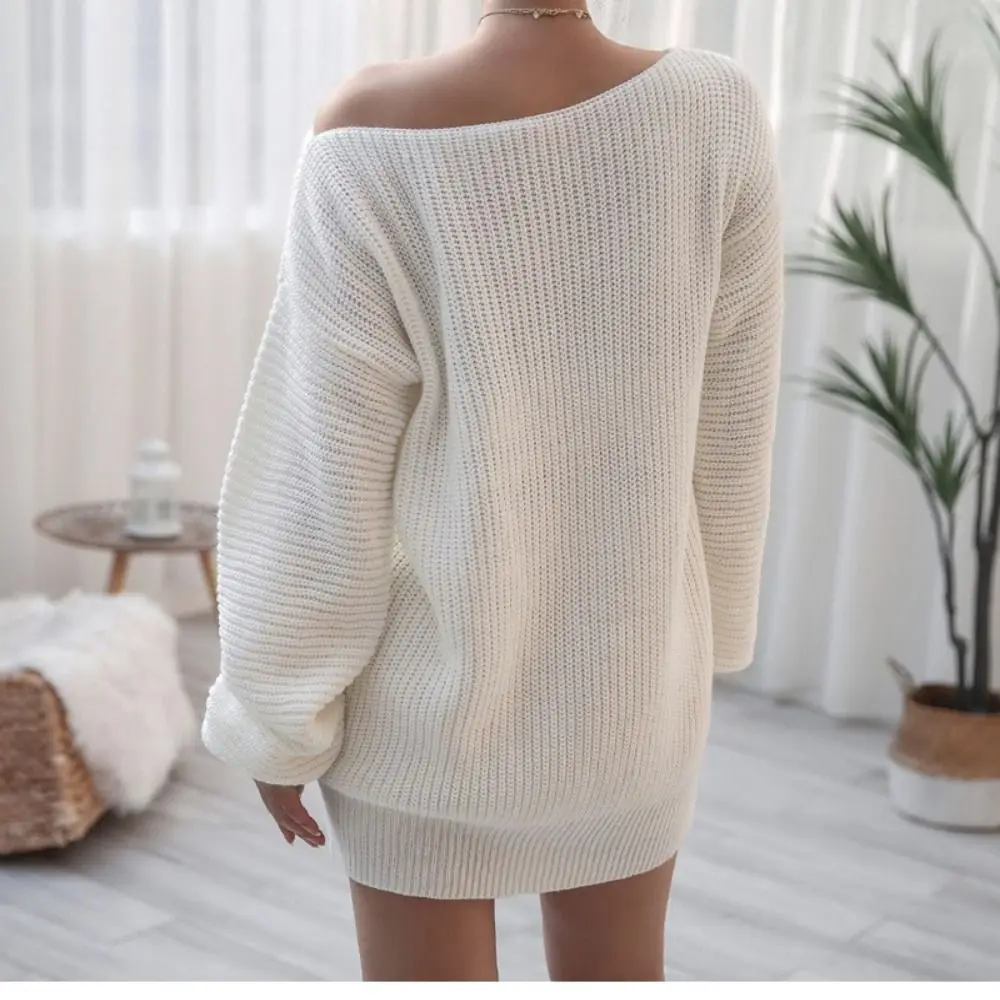 Gaun Sweater bahu terbuka warna polos, gaun musim gugur Jumper Pullover panjang lengan tebal silang punggung terbuka lembut bergaris