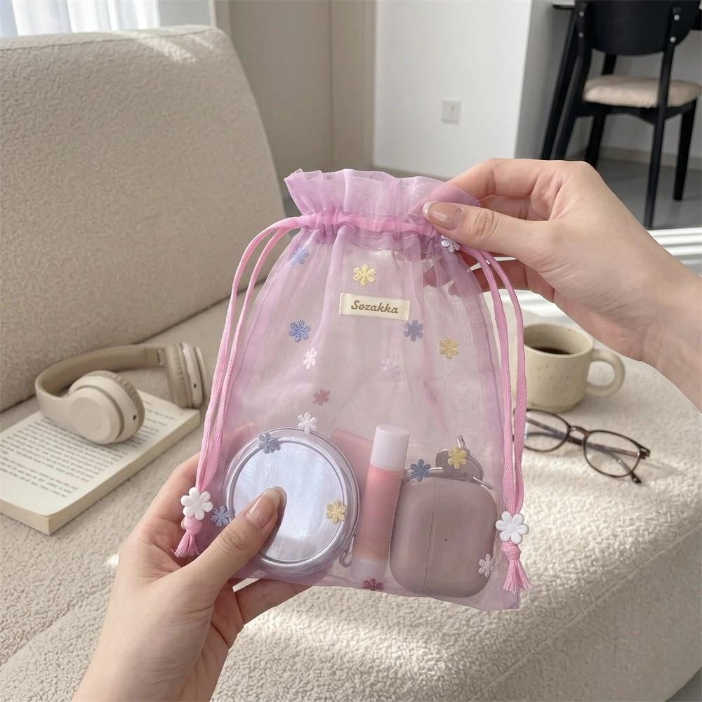 New Flower Embroidery Cute Makeup Bag Cosmetic Organizer Storage Drawstring Bag for Women Portable Travel Storage Pouch