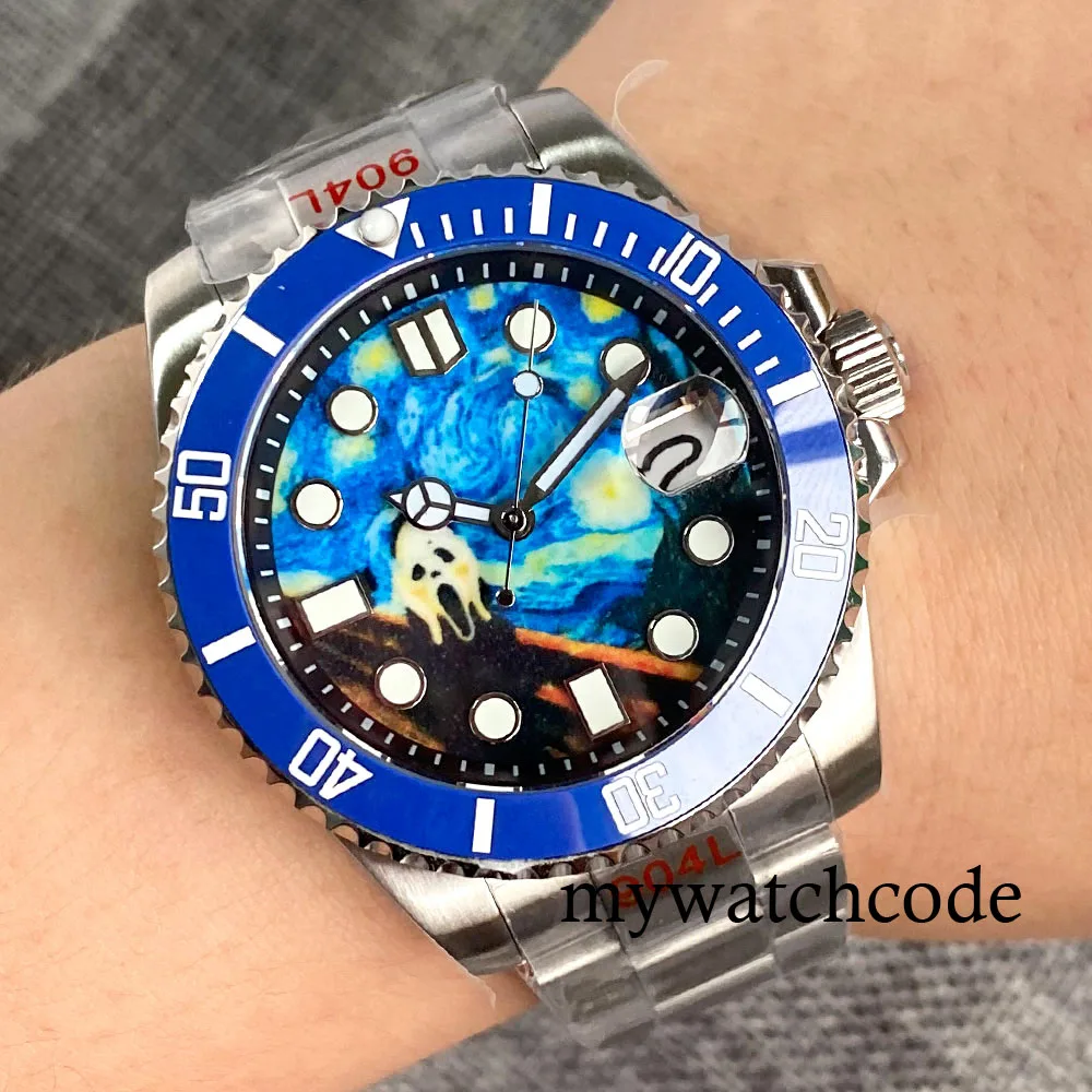 40mm NH35A Luminous Scream Dial Auto data szafirowe szkło automatyczny zegarek męski obrotowy Bezel bransoletka Screwdown Crown