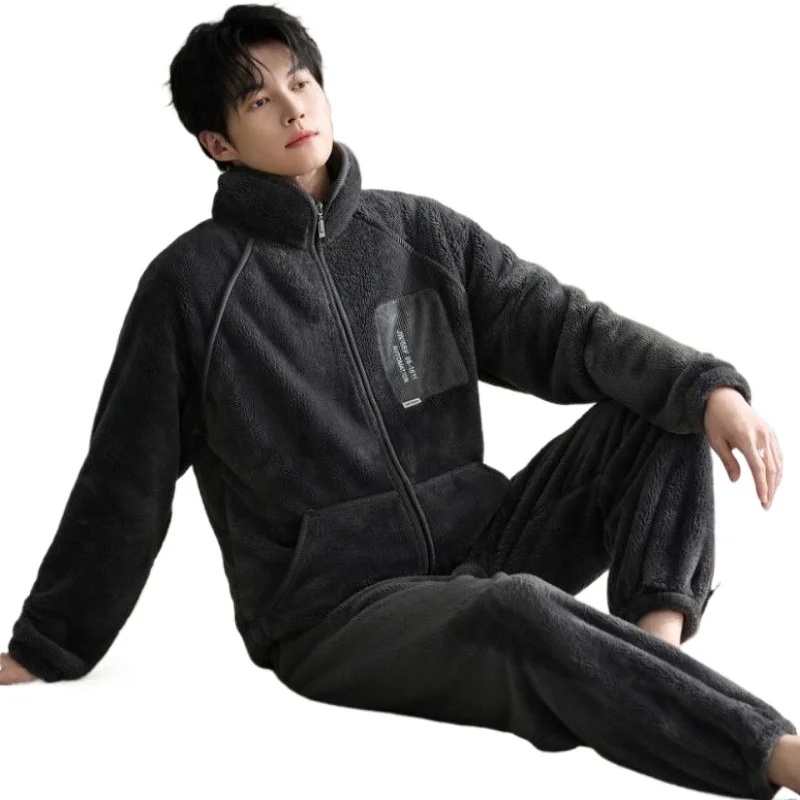 Pajamas Men's Autumn Winter Thickened Fleece Flannel Suit Coral Fleece Homewear Cardigan Zipper Large Size Warm Winter Clothing