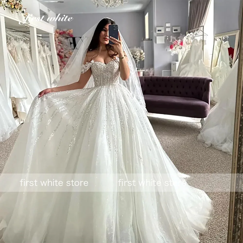 Vestidos de novia de encaje con purpurina Vintage personalizados, vestido de novia brillante con hombros descubiertos, vestido de novia brillante de princesa