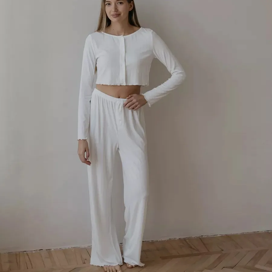 

Spring And Summer Women's New Knitted Navel Long-Sleeved Long Pants Pajamas Homewear Set Girls Simple Pajamas Homewear