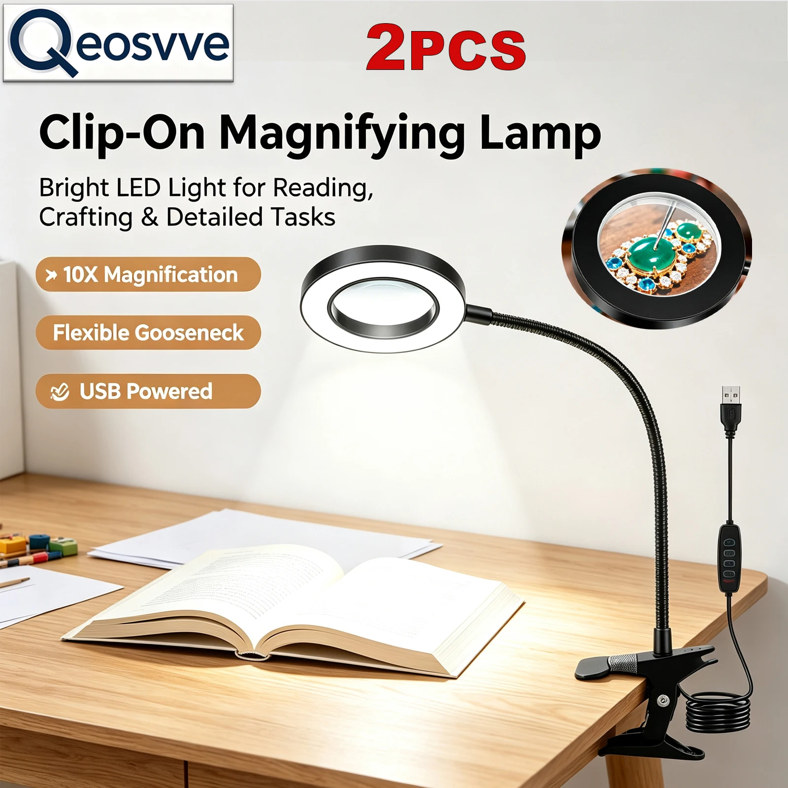 10X Magnifying Glass with Light Clip on Magnifier LED Magnifying Lamp with Flexible Goose-neck for Home Office Reading Study