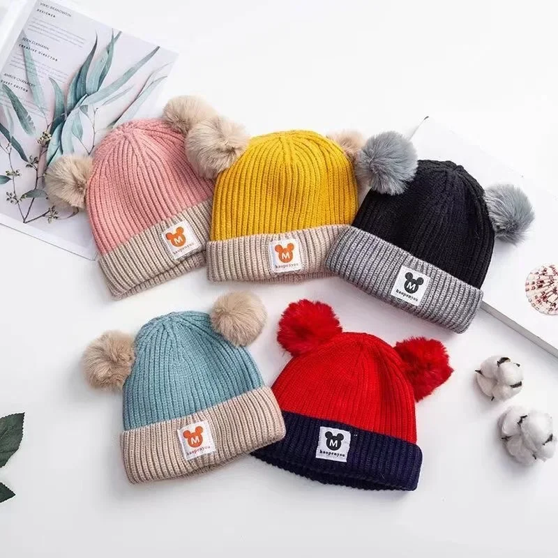 Winter Children Warm Baby Knitted Hats With Pom Pom Kids Knit Beanie Hats Solid Color Children\'S Hat For Boys Girls Accessories