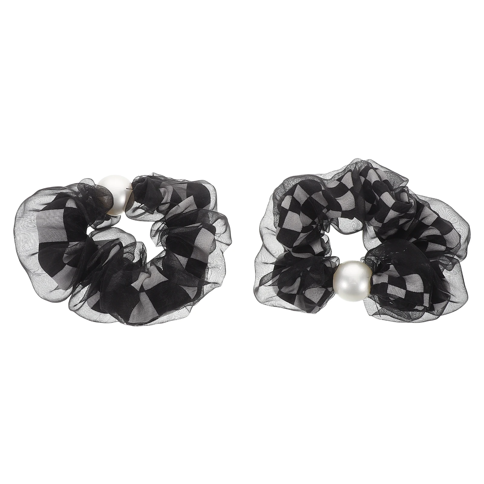 

2Pcs Black White Checkered Mesh Hair Ties Beaded Elastic Scrunchies for Women Chic Bun Ponytail Holders Thick Hair
