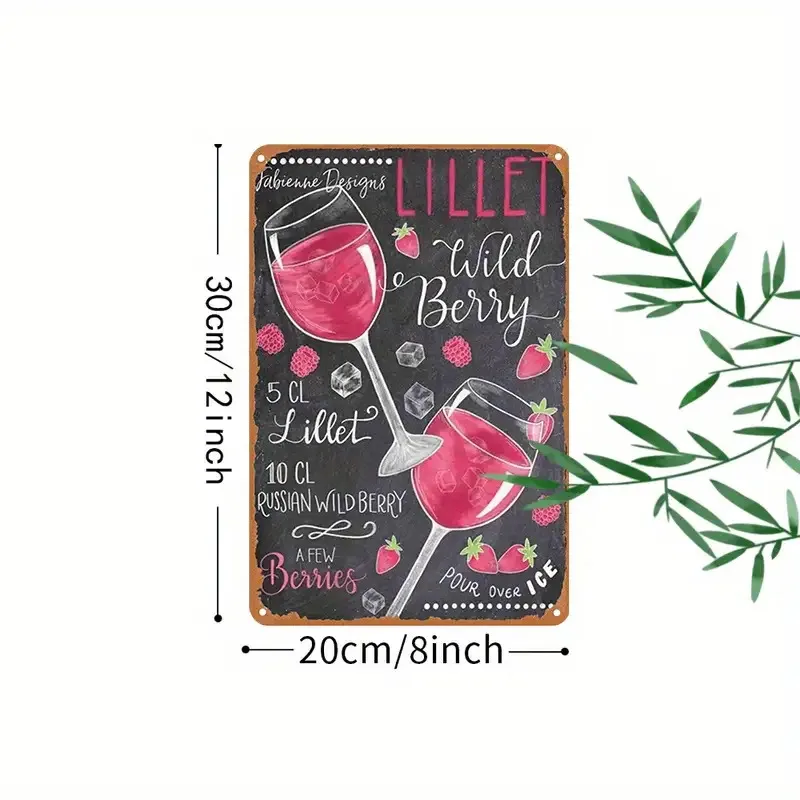Retro Metal Tin Sign,Russian Wild Berry Lillet Cocktail Recipe Wall Art with Pink Drink Pattern, Vintage Decor for Bar, Cafe