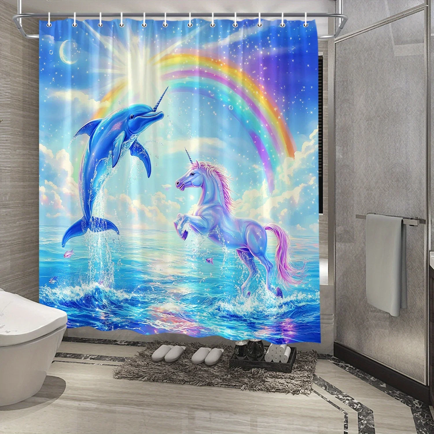 ستارة دش مخلوقات سحرية - يونيكورن ودولفين، رينبو دريم لاند، نمط ألوان مائية، بوليستر مقاوم للماء