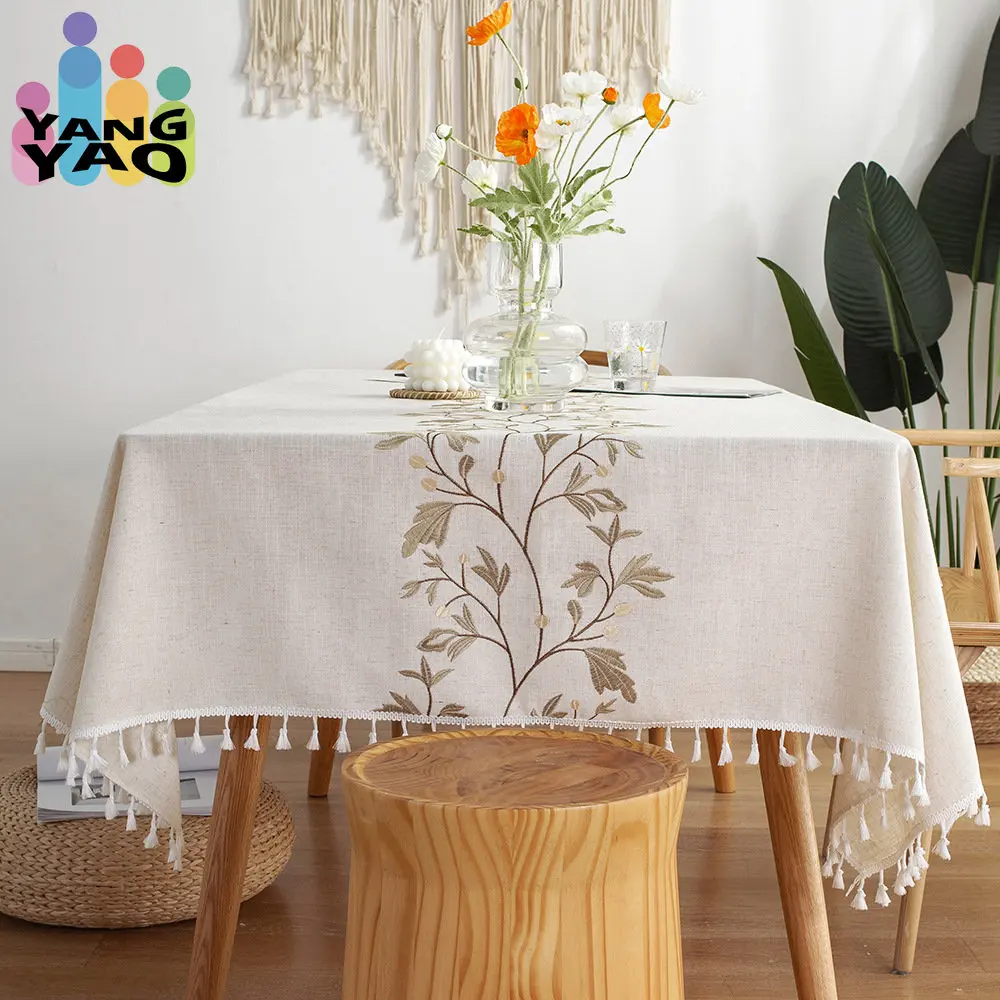 Tablecloth Cover Dining Table Embroidery Ndiningdic Linen Cotton Decdiningation Rectangular Round Wedding Birthday