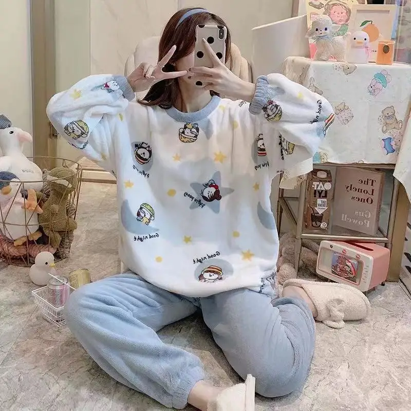 Flannel Pajamas Women Winter Pyjamas Sets Warm Sleepwear Women Night Wears Female Nightgown Sleep Shirt Pant Set Pijamas Pjs