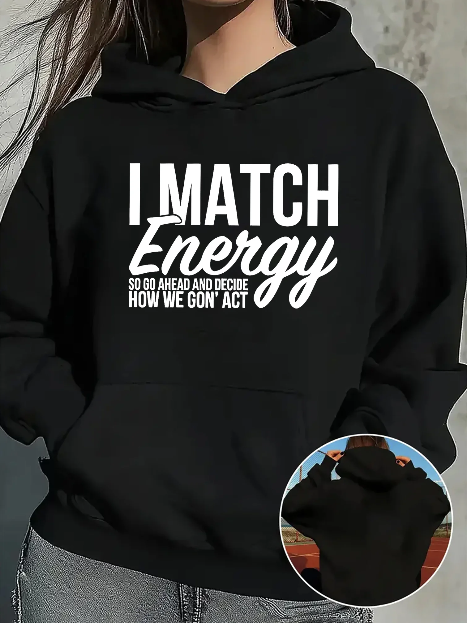 

Holiday gift, lady - "I MATCH ENERGY" pattern hooded shirt - comfortable grey long-sleeved sports shirt