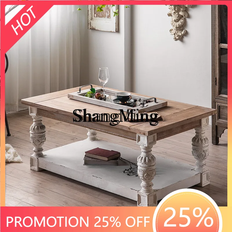 

SM Home Retro Rectangular Dining Table Living Room Large Tea Table Solid Wood Worktable Homestay Office Tea Table