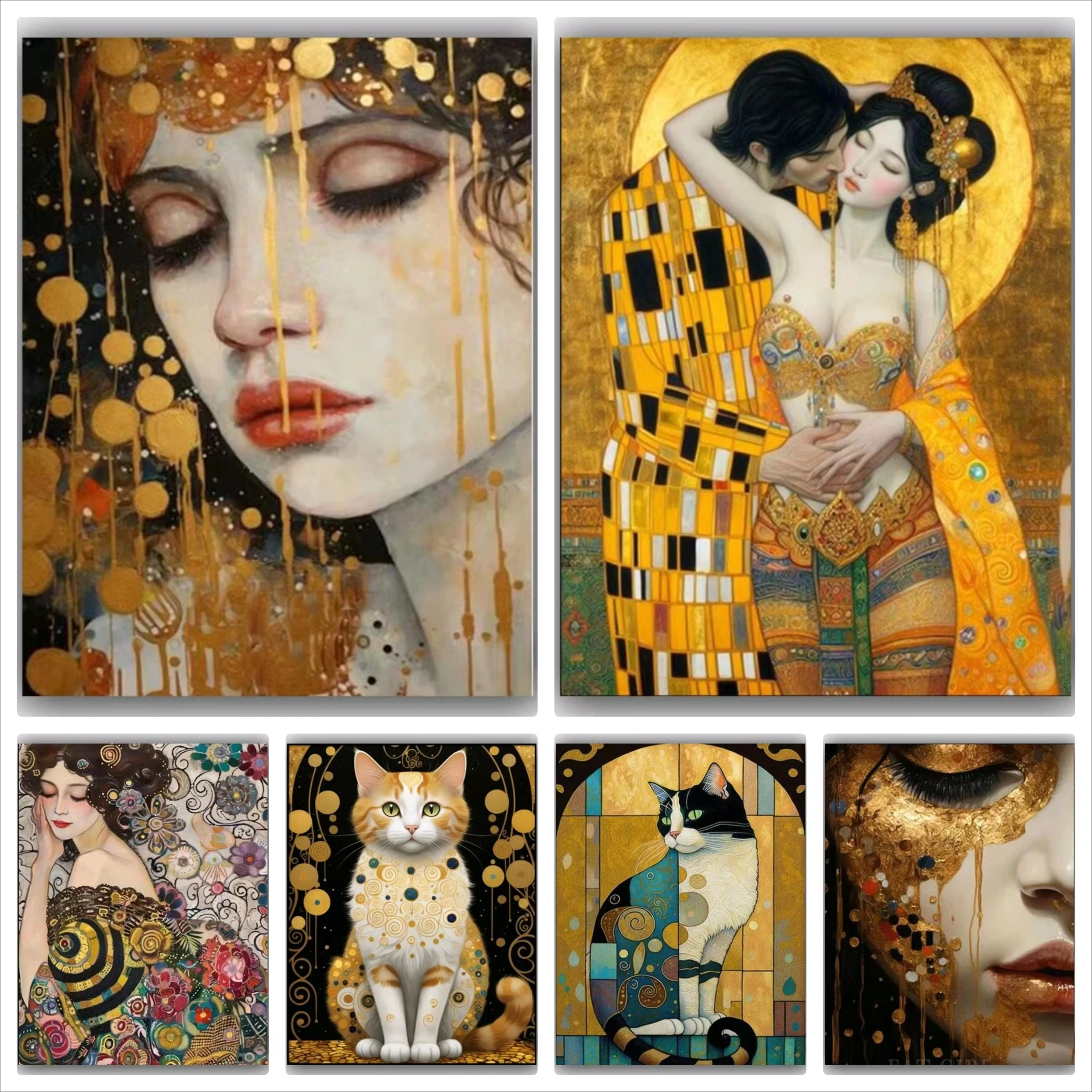 Gustav Klimt Golden Love Damen-Katze Diamant-Malerei-Set Quadratische Runde Diamanten 5D DIY Mosaik Kreuzstich Handwerk Exquisites Geschenk