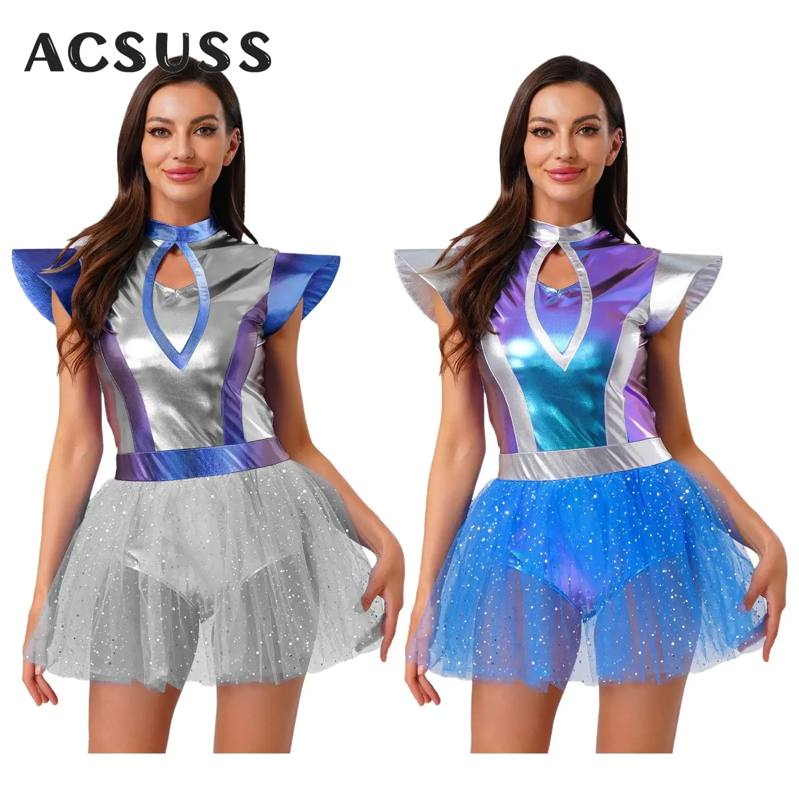 

Womens Alien Costume Halloween Robot Space Cadet Themed Party Cosplay Dress Up Fly Sleeve Metallic Shiny Tulle Dress clubwear
