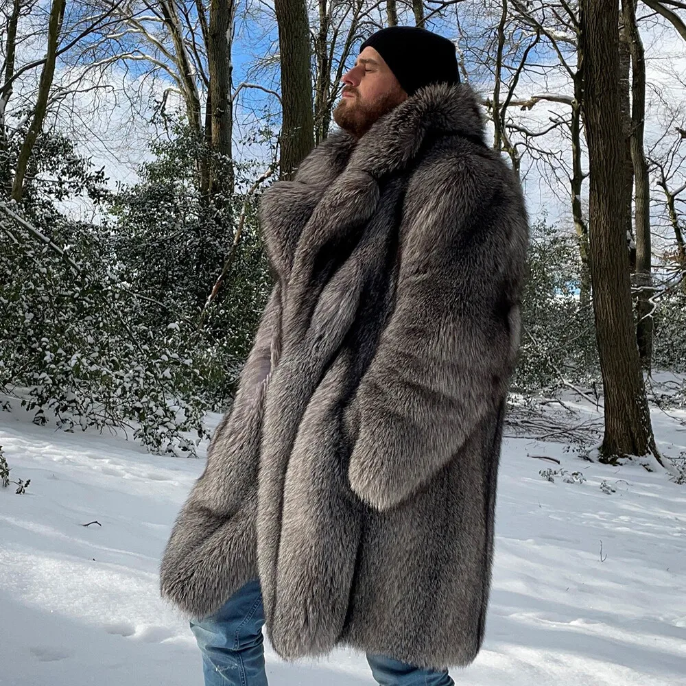 Men's fox fur coat long winter thickened warm trench coat Fashion Fur High Quality Faux Fur Jacket Warm Autumn New