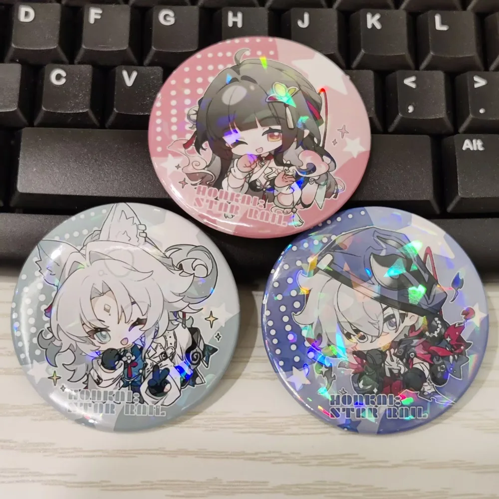 Anime Honkai: Star Rail Q Version Figures Moze Feixiao Lingsha Metal Laser Badge Toy Kawaii Bag Decor Pins Fans Christmas Gift