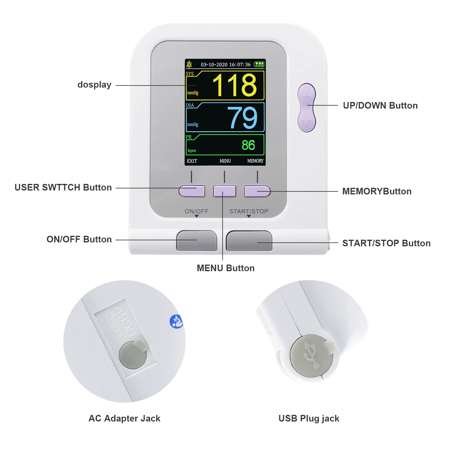 CONTEC08A Digital Blood Pressure Monitor Electronic Sphygmomanmeter 3Cuff + Adult SpO2 Probe