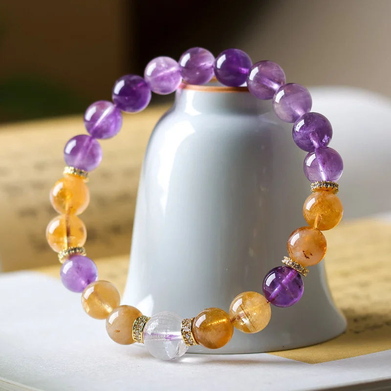 Natural amethyst yellow pyramidal , Chinese-style white crystal bracelet with the Heart Sutra