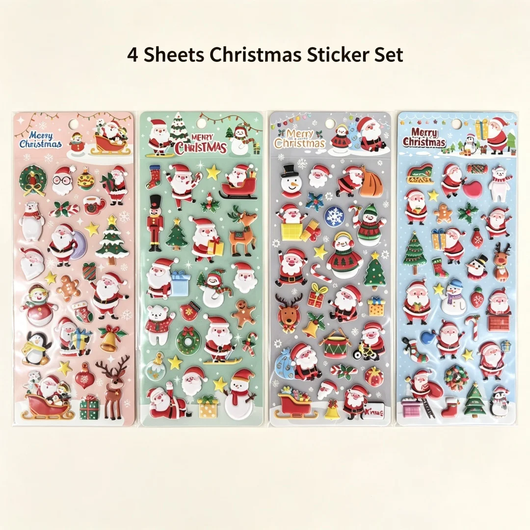 4 Sheets Christmas 3D Puffy Stickers, Cute Santa Xmas Bubble Foam Stickers, Kids Holiday DIY Decorative Stickers