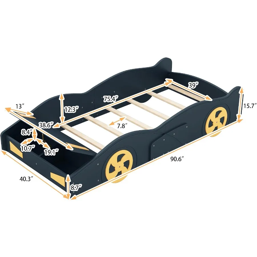 Race Car Bed for'Room: Wooden Platform Bed with Wheels, Red Color, Built-in Storage No Box Spring Needed