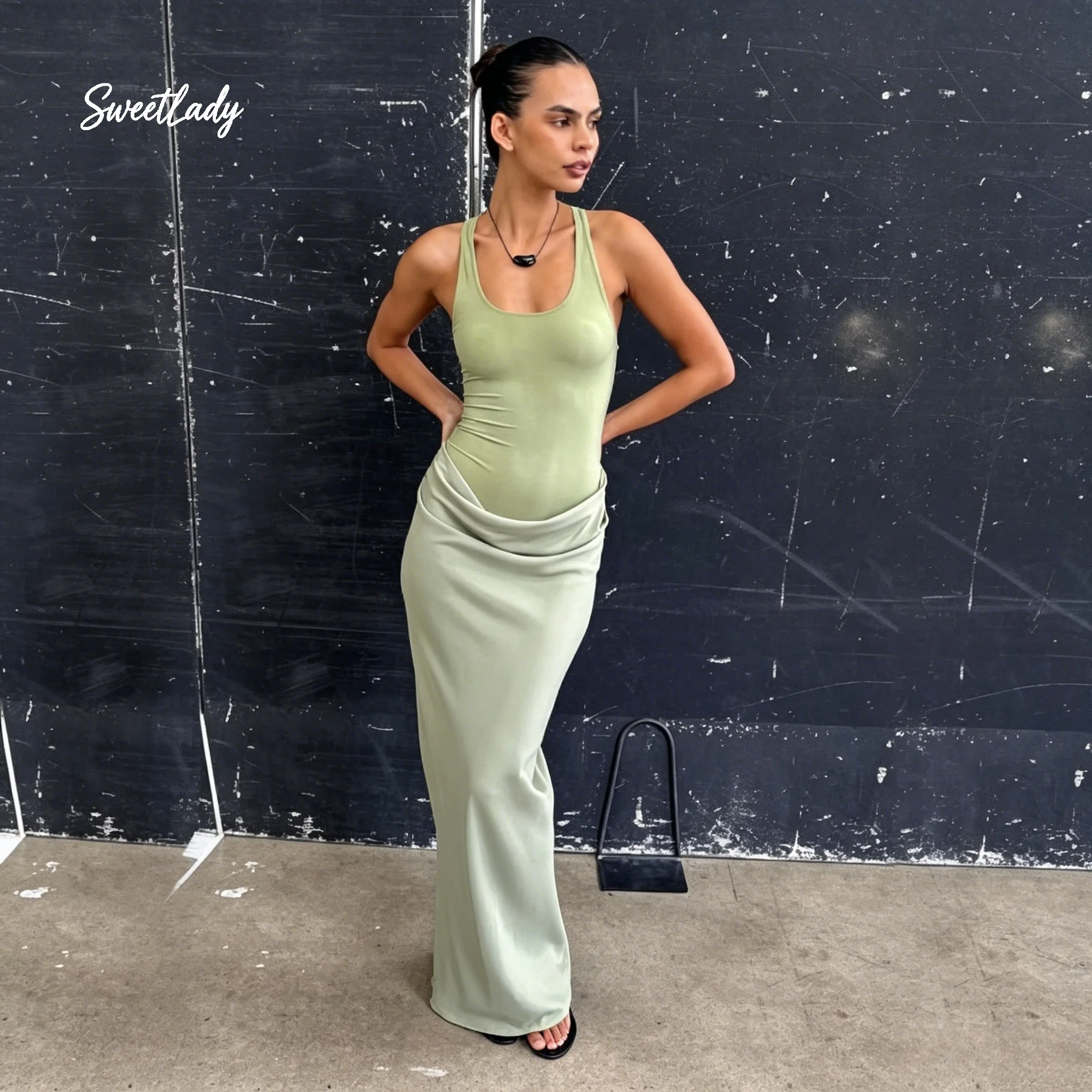 

SweetLady Sage Green Two-Piece Style Maxi Dress, Sleeveless Racerback Tank Top with Draped Ruched Skirt for Everyday & Events