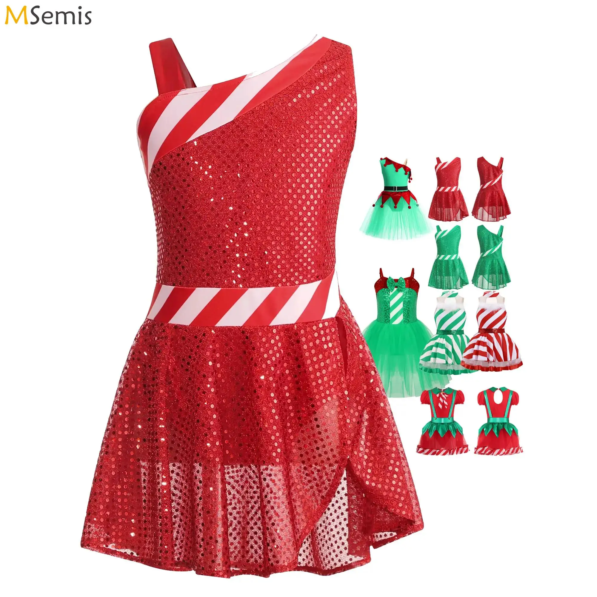 الفتيات فستان حفلة عيد الميلاد حلوى قصب سانتا كلوز زي بلا أكمام الترتر مخطط الشكل التزلج رداء رقص الباليه توتو فستان