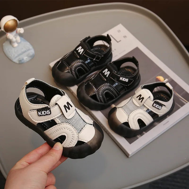 

Sandals Beach shoes Toddler PU Leather Summer Shoes For Children Anti-slip ​Soft Bottom Velcro Black White Shoes Size 18-26