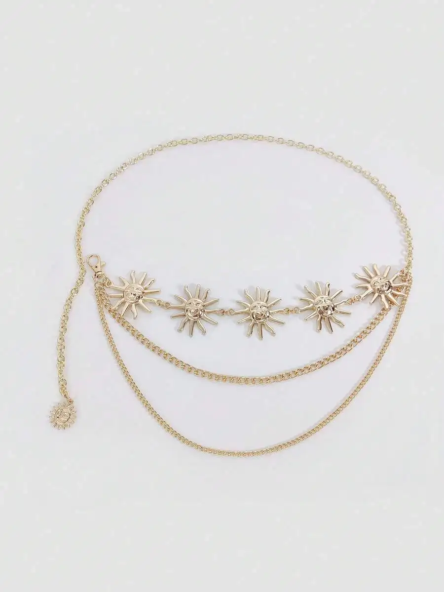 1pc Women's Fashionable Gold Metallic Sunflower Chain Waist Belt, Casual Tassel Flower Body Chain Accessory Fall, Autumn, Hallow view 3