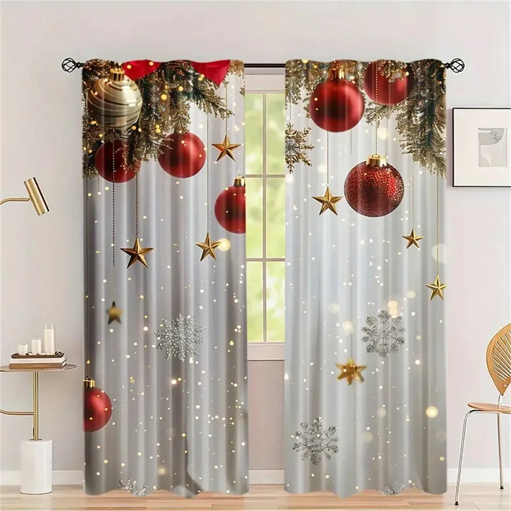 2pcs Set Of Santa Claus Christmas Curtains-Digital Print,Rod Pocket Design,Polyester -Perfect For Living Room, Kitchen,Bedroom