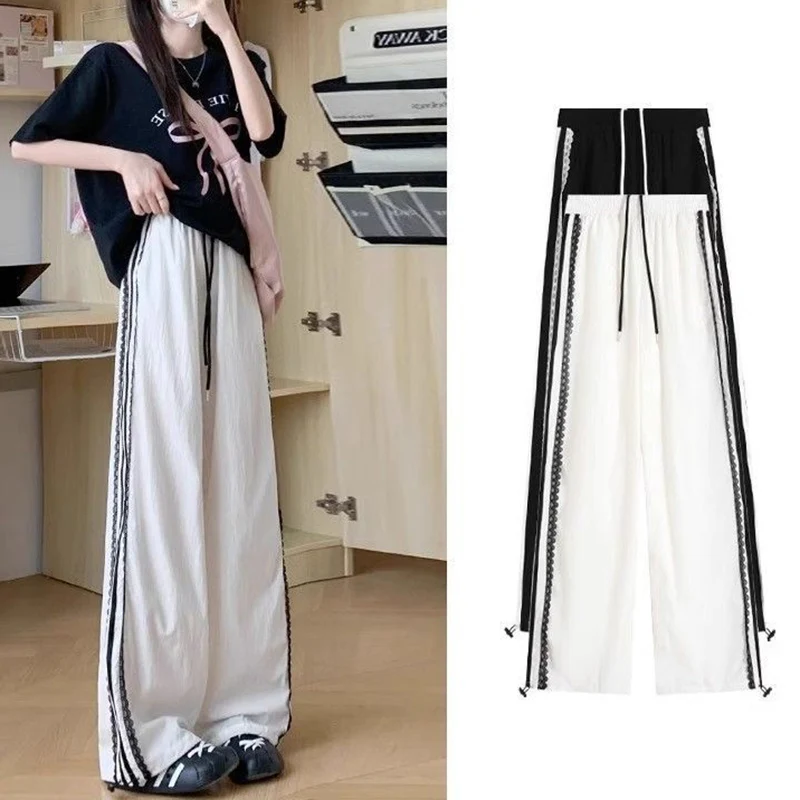 Female Korean Lace Striped Thin Pants Women Quick Drying Loose Fit Trousers Girls Designer High Waist Casual Pants