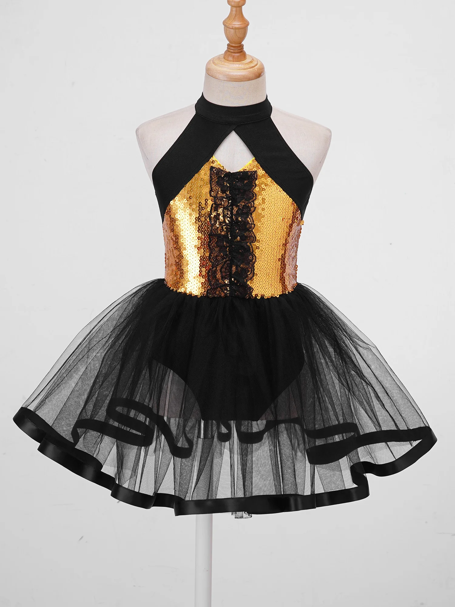 Vestido de tutú de baile de Ballet con lentejuelas para niñas, leotardo de gimnasia con cuello Halter brillante, ropa de baile latino moderno de Jazz