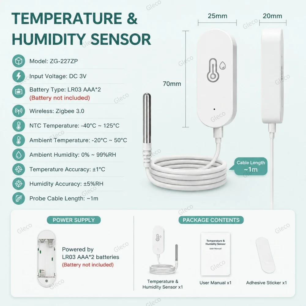 Zigbee Temperatur- und Feuchtigkeitssensor mit externer abnehmbarer Sonde, Thermometer TUYA 2MQTT, Fernüberwachung für Pflanzen, Aquarien, Pools – Detail 11