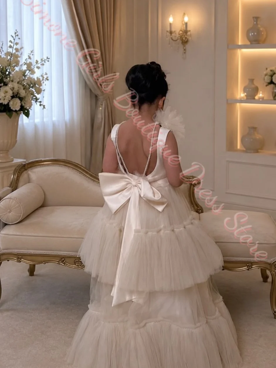 Flower Girl Dress Satin Tiered Tulle Long Gown with Big Bow Backless Design for Little Girls Wedding Guest Pageant Customized