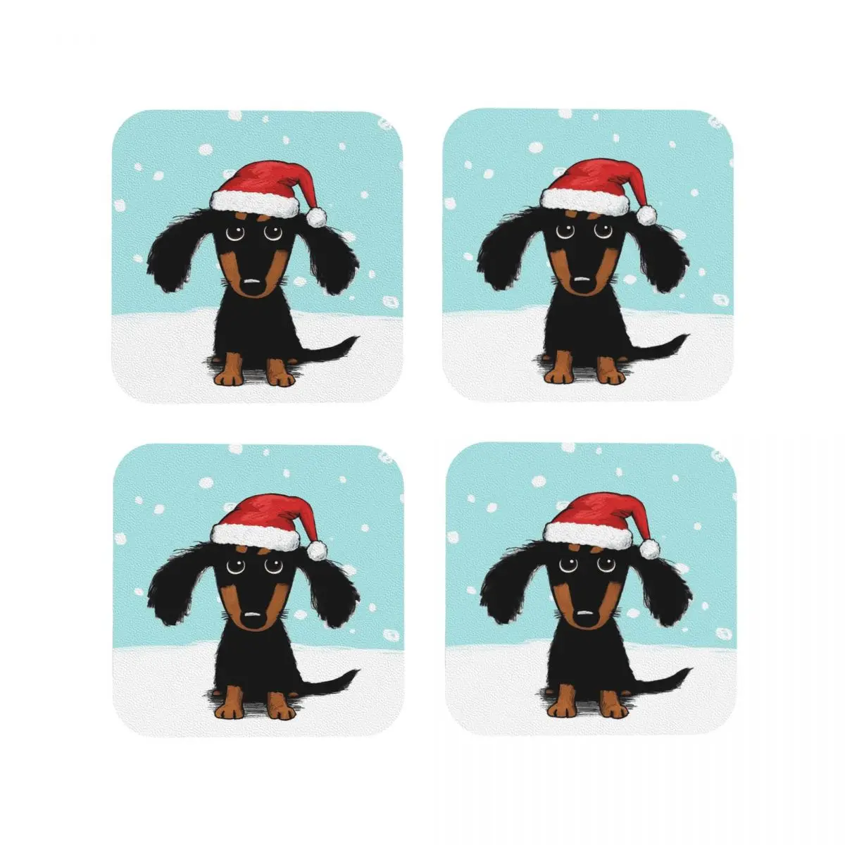 Cute Dachshund Christmas Winter Wiener Dog Santa Coasters Coffee Mats Leather Placemats Cup Tableware Pads for Home Dining Bar