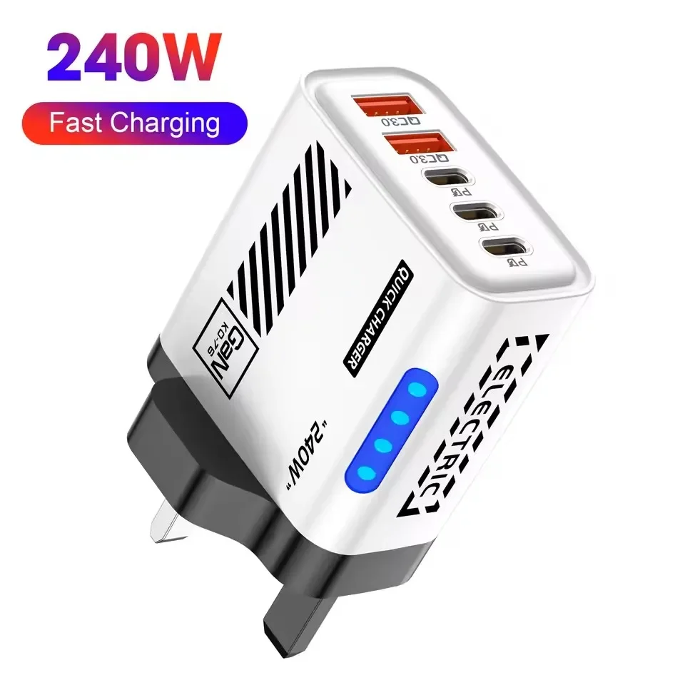 240W Superschnelles Ladegerät 5-in-1 LED-Licht 5-Port GaN Telefonladegerät Adapter 10A Kabel für iPhone Xiaomi EU/US-Stecker Ladegerät
